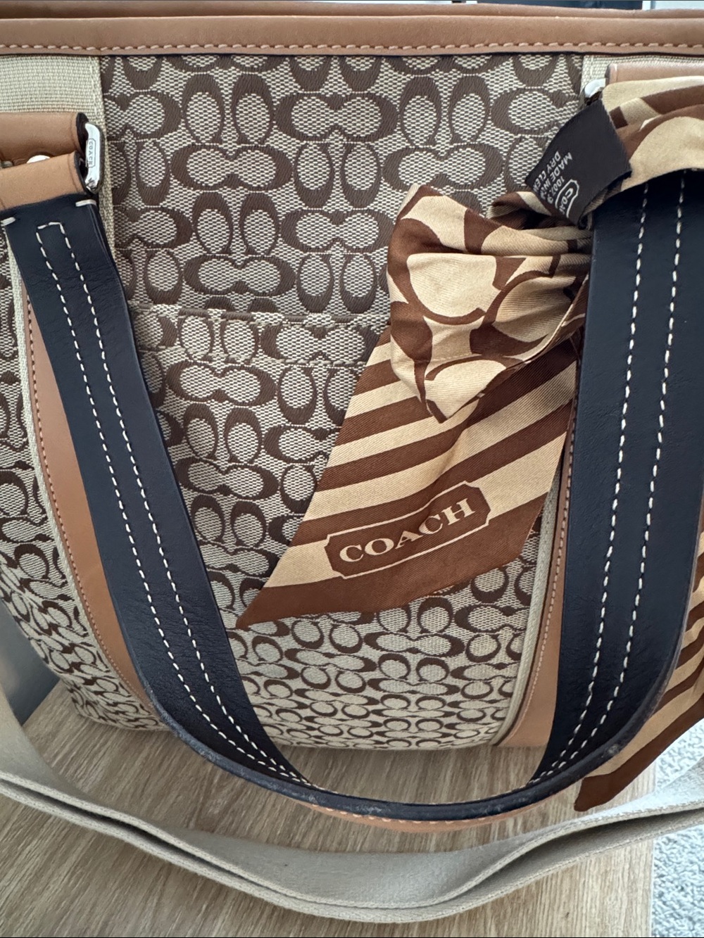 NWOT Coach Monogram Canvas Shoulder Tote with Tan Leather and Gold Stripe Scarf - Picture 10 of 16